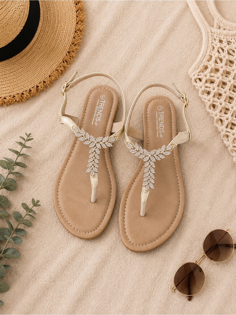 Women's Beige Rhinestone T-Strap Sandals